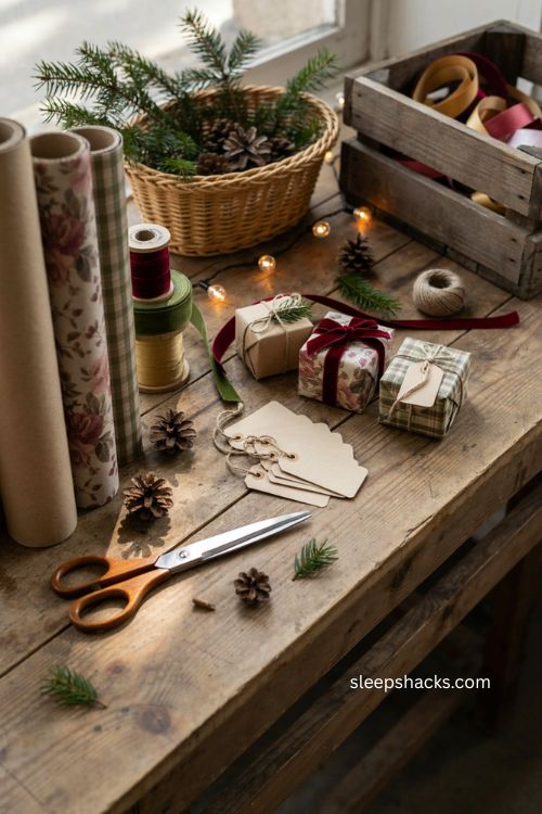 Christmas gift wrapping stall ideas with festive paper ribbon and gifts 