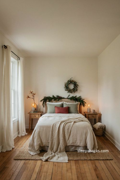 Christmas guest bedroom with clean uncluttered decor and cozy rug