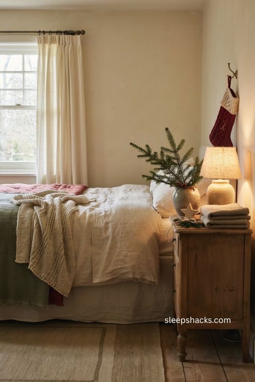 Christmas guest bedroom with cozy bedding stocking and warm lamp