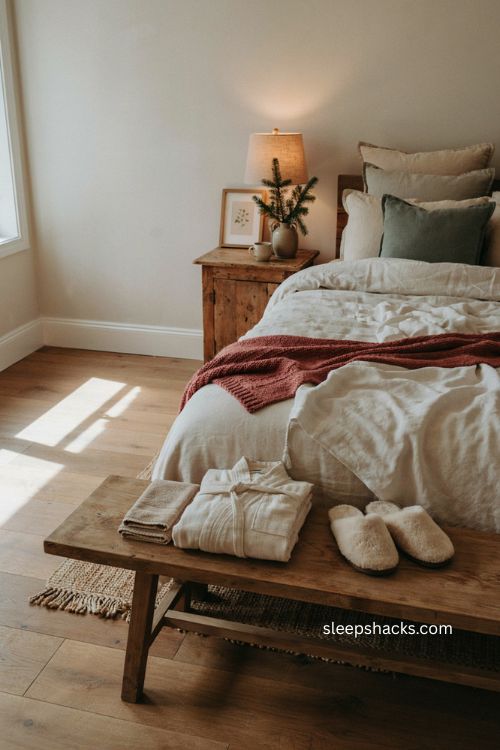 Christmas guest bedroom with cozy slippers robe and warm winter decor