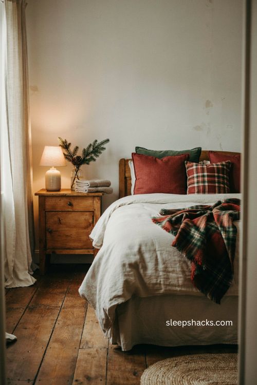 Christmas guest bedroom with festive cushions plaid throw and neutral bedding