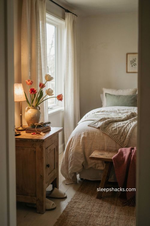 Christmas guest bedroom with fresh tulips and cozy bedside decor