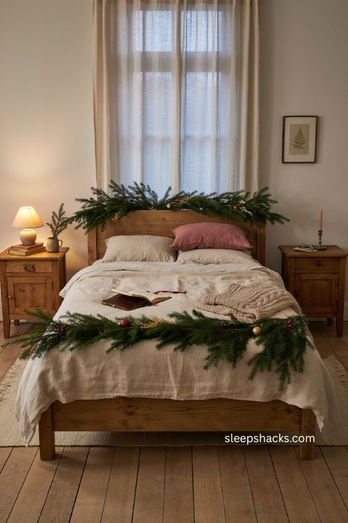 Christmas guest bedroom with garland wrapped around bed frame