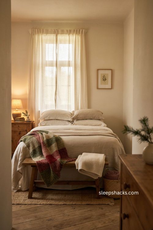 Christmas guest bedroom with layered blankets knit throw and cozy bedding
