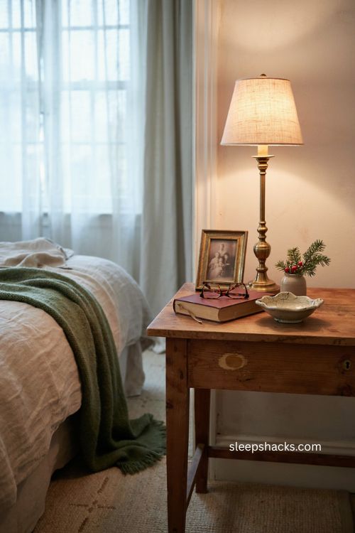 Christmas guest bedroom with personal photo favorite book and keepsake