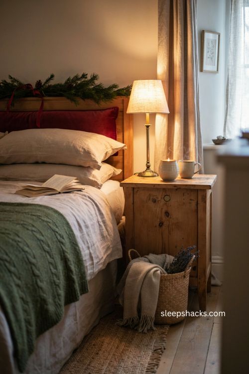 Christmas guest bedroom with seasonal candle and cozy warm lighting