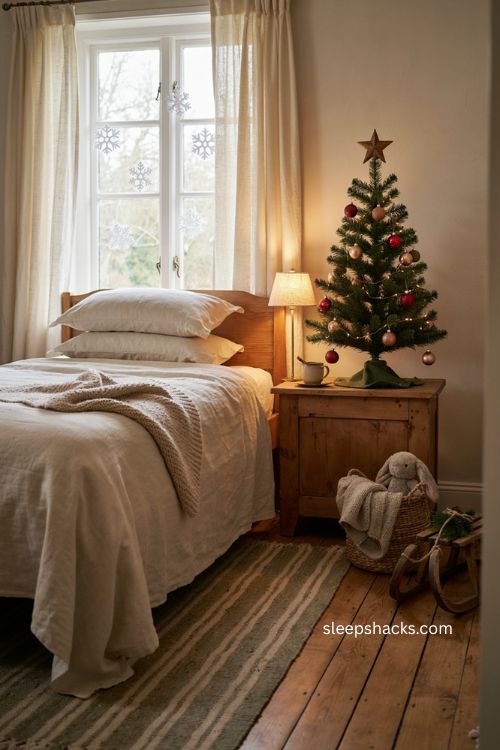 Christmas guest bedroom with small kids tree and glowing fairy lights