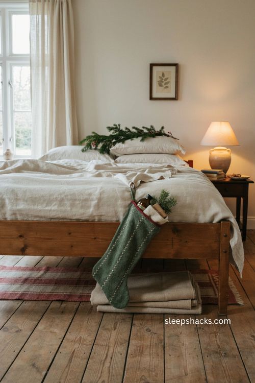 Christmas guest bedroom with stocking on bed footboard and cozy holiday decor