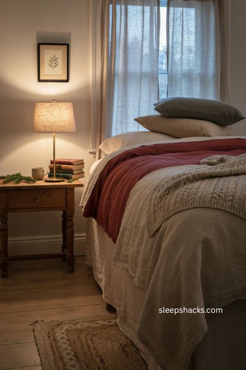 Christmas guest bedroom with warm bedside lamp books and cozy bedding