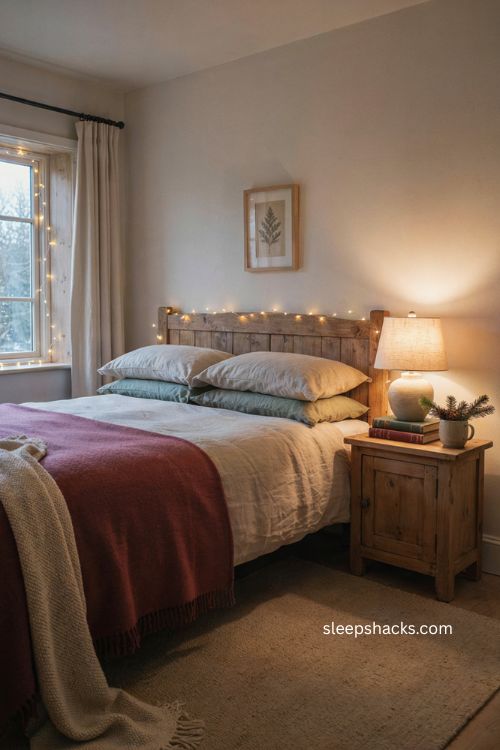 Christmas guest bedroom with warm fairy lights and cozy headboard decor