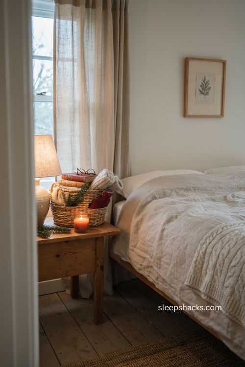 Christmas guest bedroom with welcome basket cozy socks candle and throw