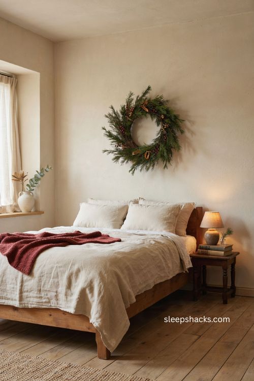 Christmas guest bedroom with wreath wall decor and cozy holiday style