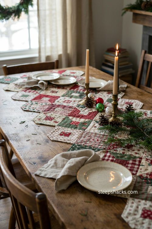 Christmas half hex table runner pattern with farmhouse quilted holiday table decor