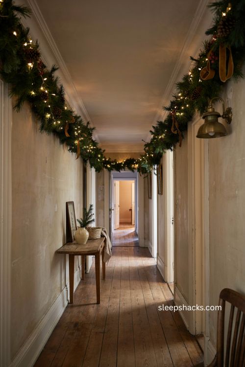 Christmas hallway ceiling garland with warm white lights 