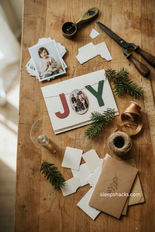 Christmas handmade Joy photo card with family picture letter design ribbon and cozy craft supplies 