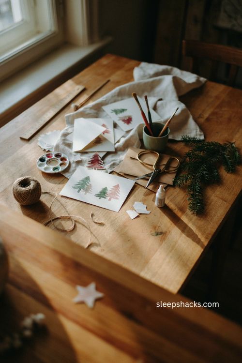 Christmas handmade card ideas with cozy kitchen table craft supplies 