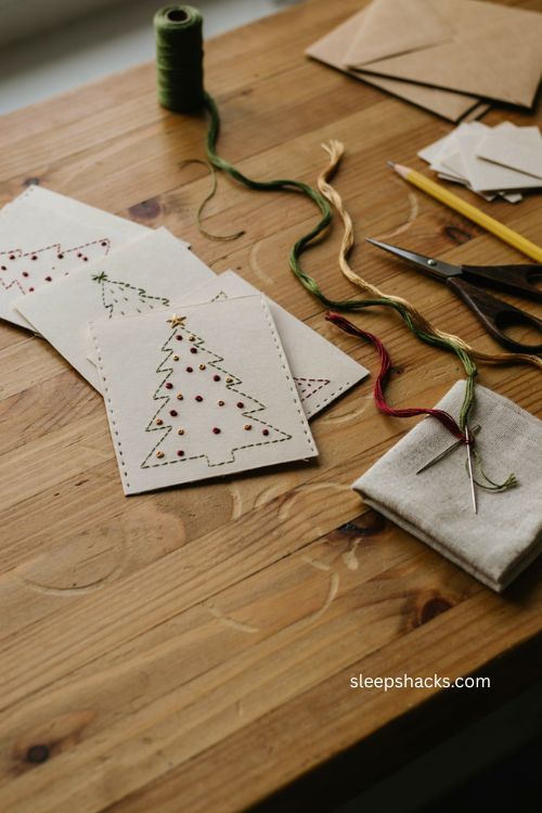 Christmas handmade embroidered tree cards with stitched gold stars French knots and embroidery floss 