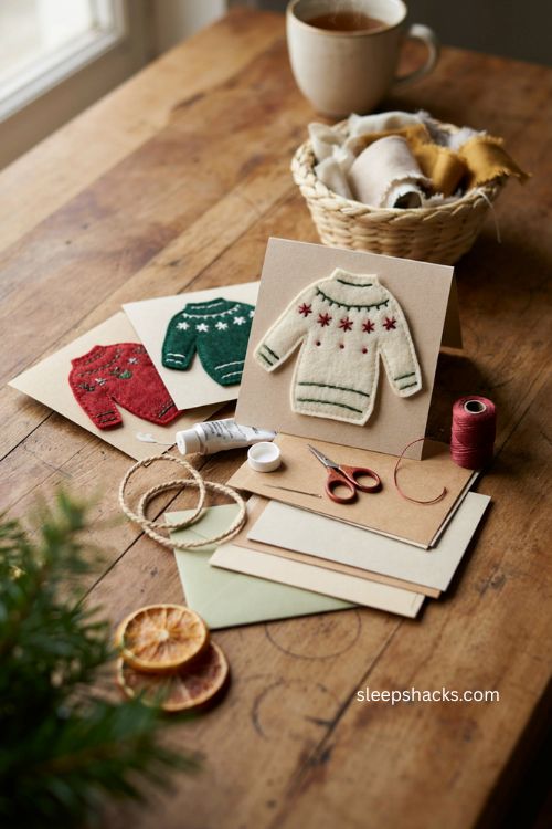 Christmas handmade felt sweater cards with cozy cream felt snowflake reindeer patterns and embroidery