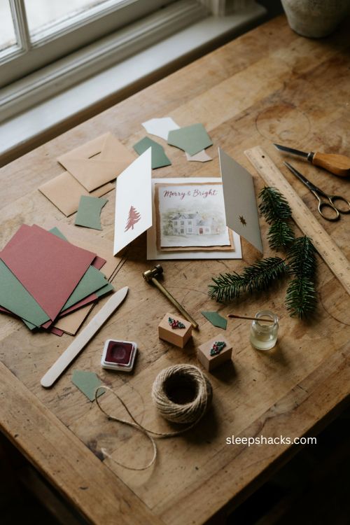 Christmas handmade gatefold fun fold card with surprise interior layered paper design cozy craft table 