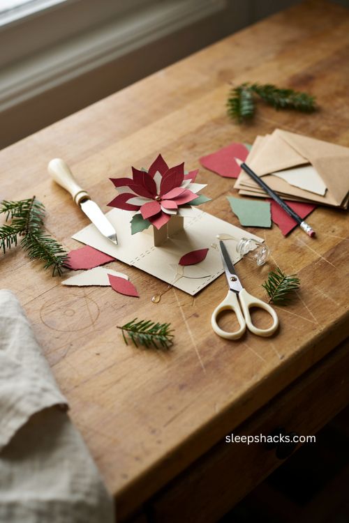 Christmas handmade pop up poinsettia card with layered red paper petals gold center and cozy craft supplies 