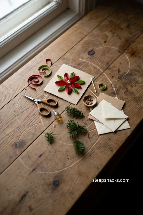 Christmas handmade quilled poinsettia card with dimensional red paper petals green leaves and gold center 