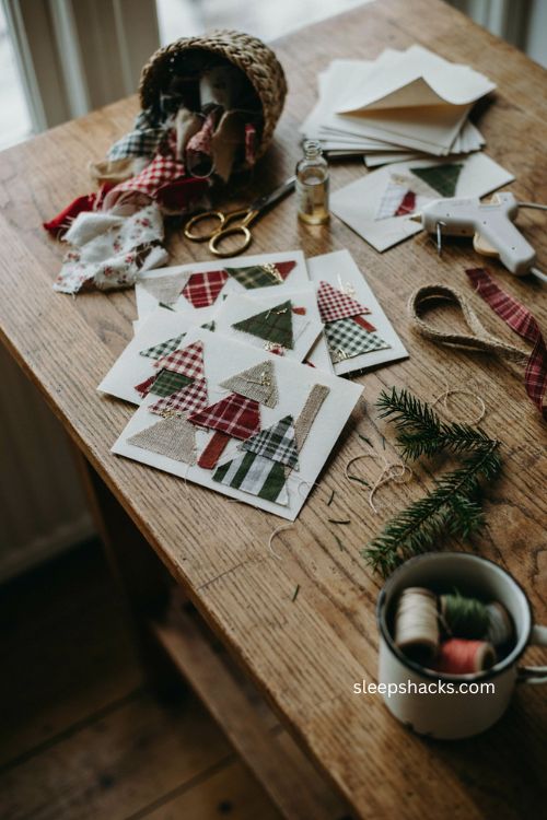 Christmas handmade scrap fabric patchwork cards with cozy cotton scraps plaid linen and burlap 