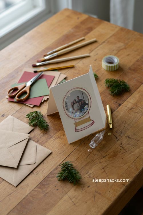 Christmas handmade snow globe photo card idea with glitter sequins and cozy craft supplies 
