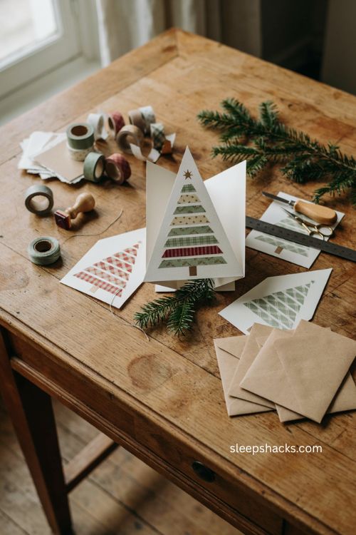 Christmas handmade washi tape tree cards with patterned tape strips cozy craft table and vintage holiday supplies 