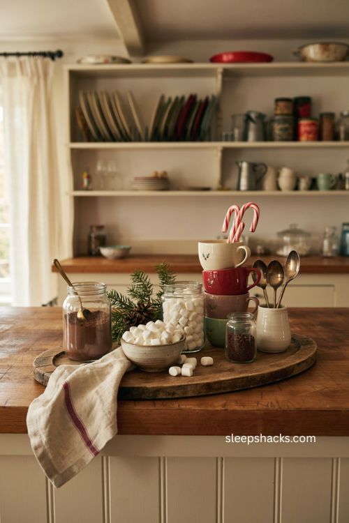Christmas hot cocoa station with mugs marshmallows and candy canes 