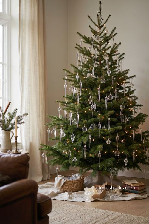 Christmas icicle tree with ornaments collected over time 