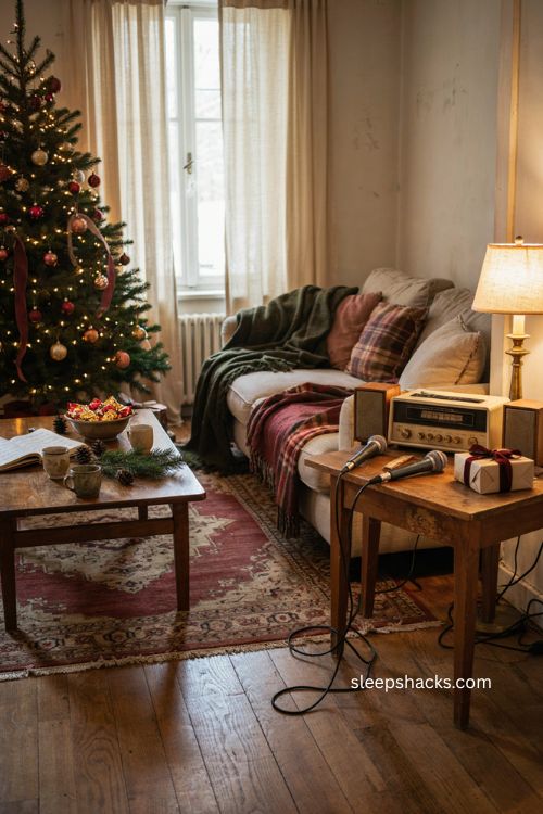Christmas karaoke party setup in a cozy living room 