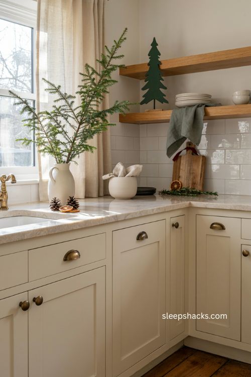 Christmas kitchen counter decor ideas with greenery and open workspace 