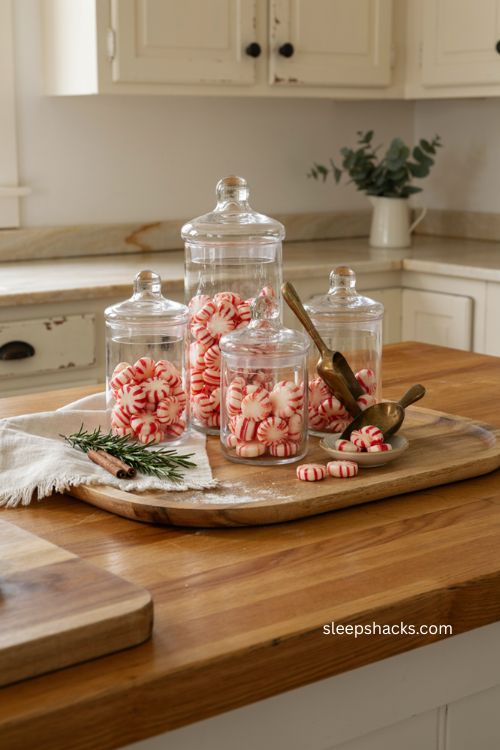 Christmas kitchen island decor with apothecary jars and peppermint candy