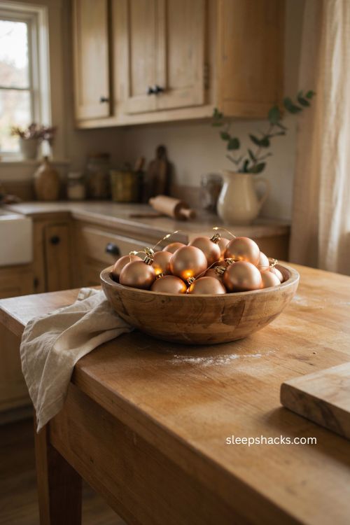 Christmas kitchen island decor with champagne ornaments in a wood dough bowl