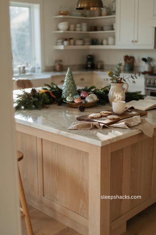 Christmas kitchen island decor with cozy farmhouse holiday accents
