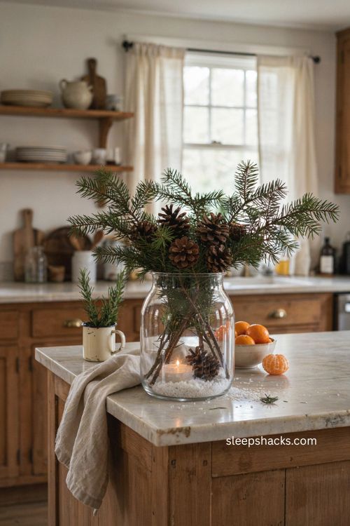 Christmas kitchen island decor with glass vase pine branches and faux snow