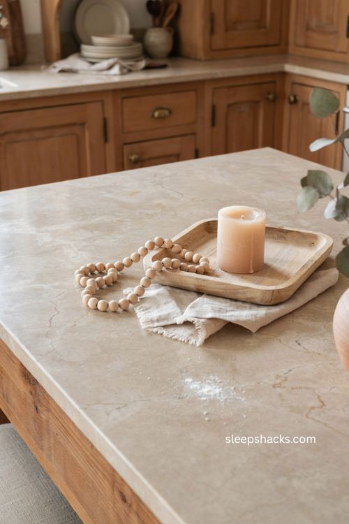 Christmas kitchen island decor with neutral tray candle wood beads and linen