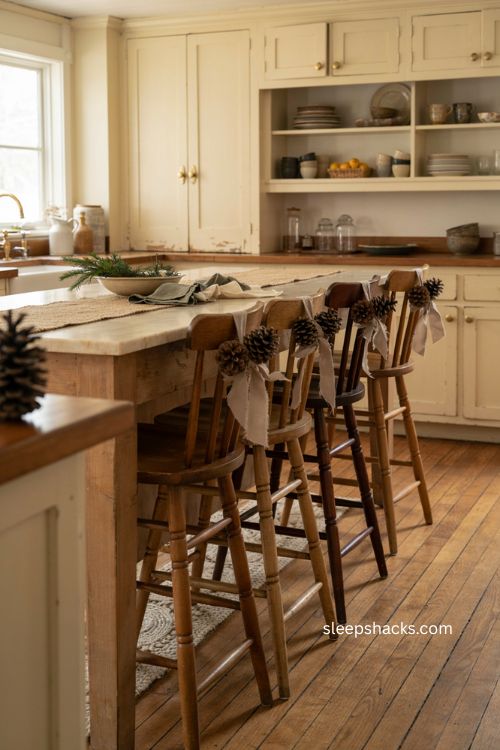 Christmas kitchen island decor with pinecone decorated bar stools
