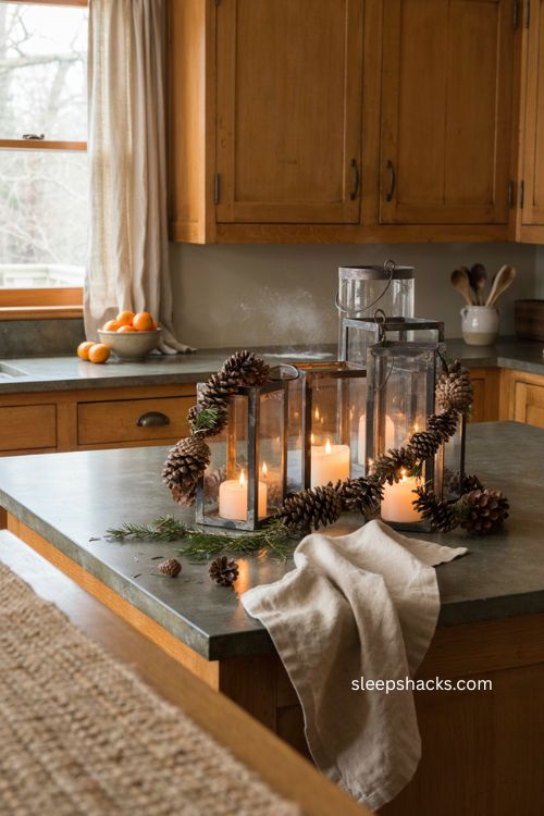 Christmas kitchen island decor with pinecone garland lanterns and candles