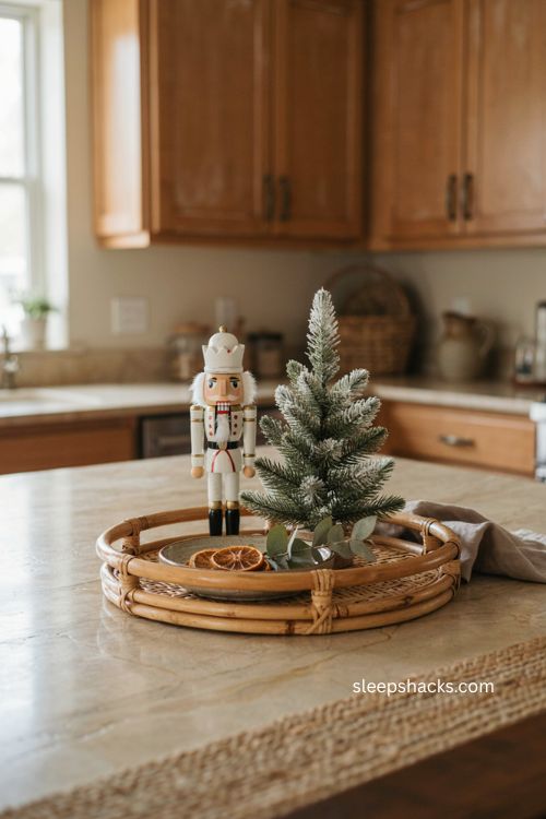 Christmas kitchen island decor with rattan tray white nutcracker and flocked tree