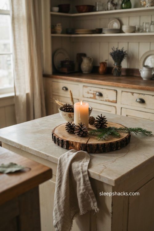 Christmas kitchen island decor with rustic wood slice pinecones and greenery