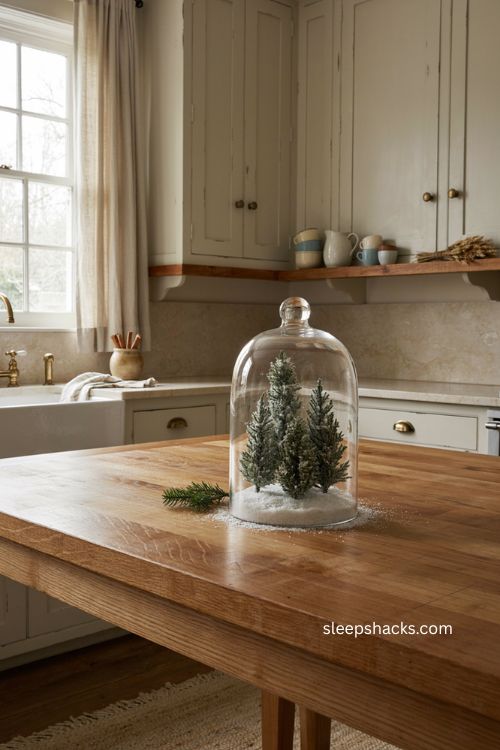 Christmas kitchen island decor with snowy glass jar and mini trees