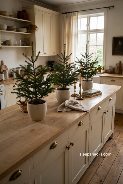 Christmas kitchen island decor with three mini potted trees in white planters