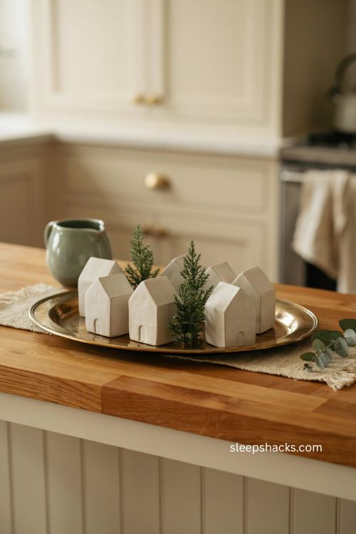 Christmas kitchen island decor with white ceramic village and mini trees