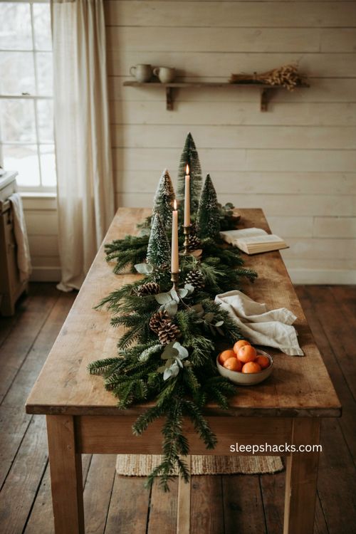  Christmas kitchen island garland with mini trees and tapered candles 