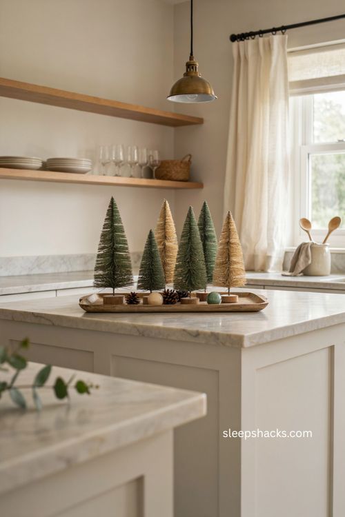 Christmas kitchen island tray with tiny sisal and bottlebrush trees