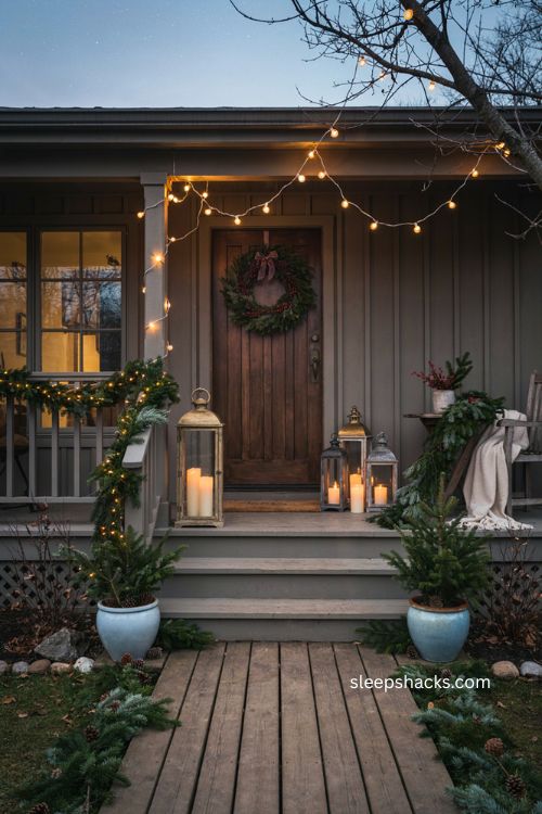 Christmas lantern decor with flameless LED candles and warm outdoor string lights 