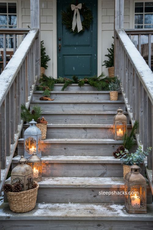 Christmas lantern ideas for front porch steps and walkway