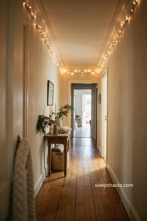 Christmas lights framing the corners of a hallway ceiling 