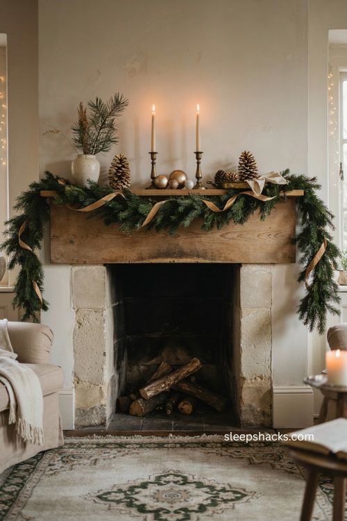 Christmas living room mantel with gold pinecones metallic ribbon and greenery 